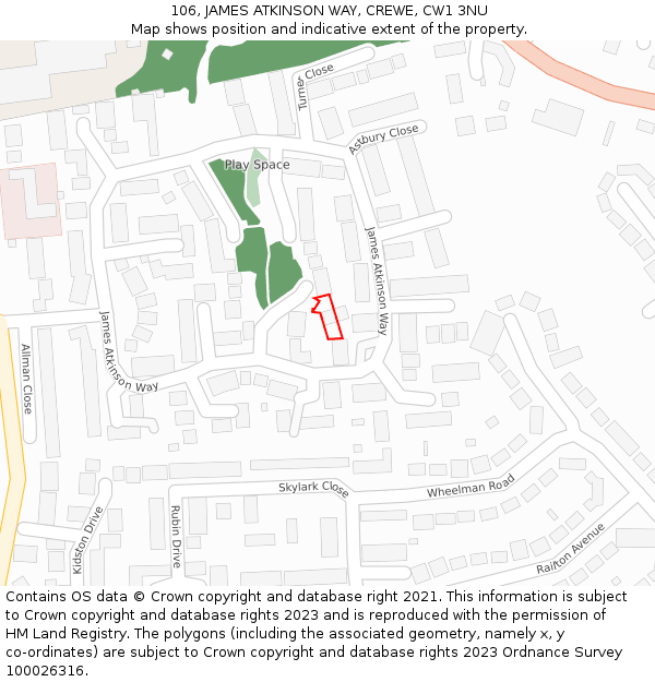 106, JAMES ATKINSON WAY, CREWE, CW1 3NU: Location map and indicative extent of plot