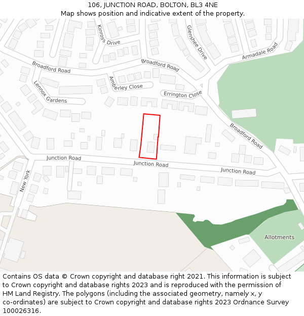 106, JUNCTION ROAD, BOLTON, BL3 4NE: Location map and indicative extent of plot