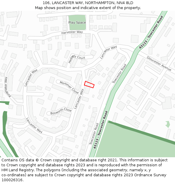 106, LANCASTER WAY, NORTHAMPTON, NN4 8LD: Location map and indicative extent of plot