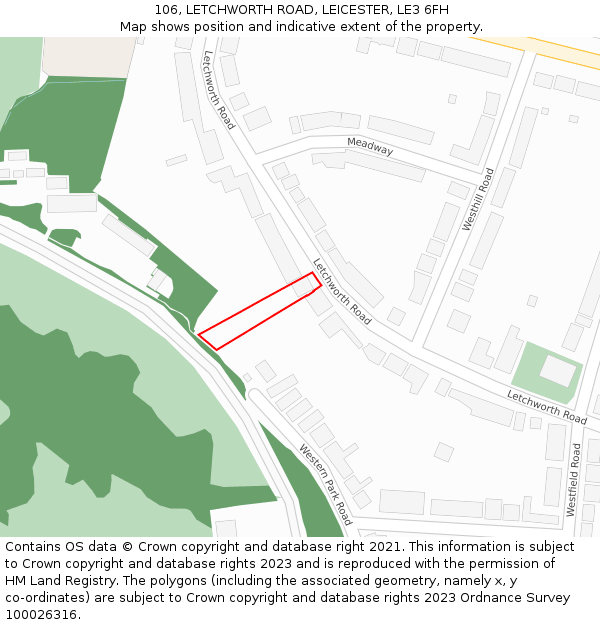 106, LETCHWORTH ROAD, LEICESTER, LE3 6FH: Location map and indicative extent of plot