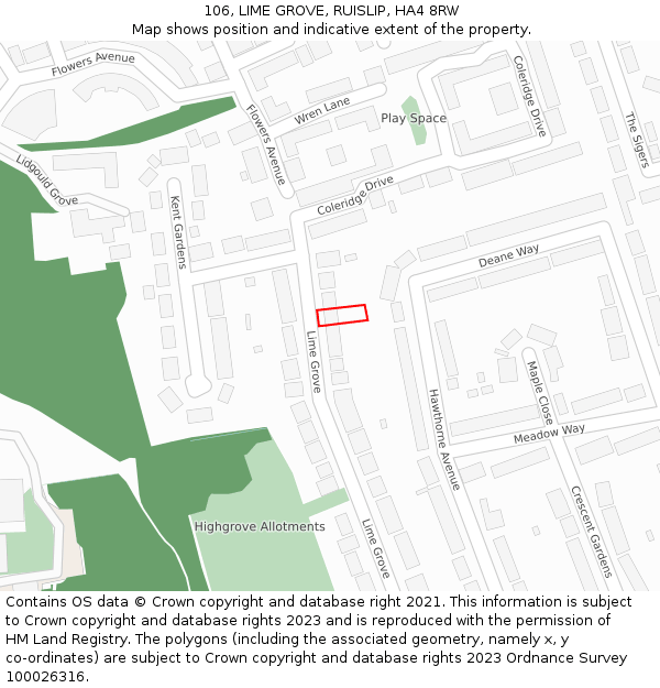 106, LIME GROVE, RUISLIP, HA4 8RW: Location map and indicative extent of plot