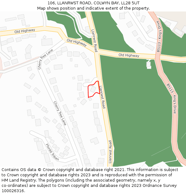 106, LLANRWST ROAD, COLWYN BAY, LL28 5UT: Location map and indicative extent of plot