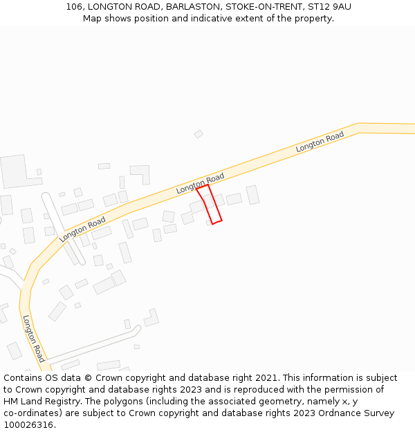 106, LONGTON ROAD, BARLASTON, STOKE-ON-TRENT, ST12 9AU: Location map and indicative extent of plot