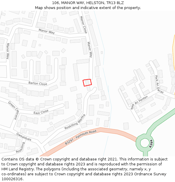 106, MANOR WAY, HELSTON, TR13 8LZ: Location map and indicative extent of plot