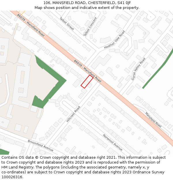 106, MANSFIELD ROAD, CHESTERFIELD, S41 0JF: Location map and indicative extent of plot