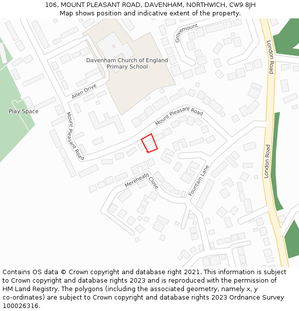 106, MOUNT PLEASANT ROAD, DAVENHAM, NORTHWICH, CW9 8JH: Location map and indicative extent of plot