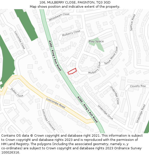 106, MULBERRY CLOSE, PAIGNTON, TQ3 3GD: Location map and indicative extent of plot