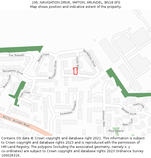 106, NAVIGATION DRIVE, YAPTON, ARUNDEL, BN18 0FS: Location map and indicative extent of plot