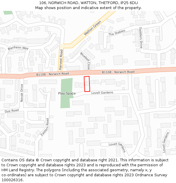 106, NORWICH ROAD, WATTON, THETFORD, IP25 6DU: Location map and indicative extent of plot