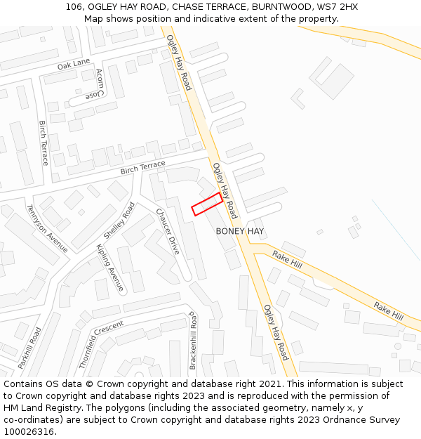 106, OGLEY HAY ROAD, CHASE TERRACE, BURNTWOOD, WS7 2HX: Location map and indicative extent of plot