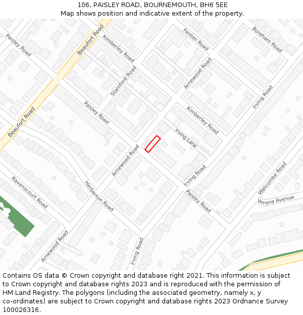 106, PAISLEY ROAD, BOURNEMOUTH, BH6 5EE: Location map and indicative extent of plot