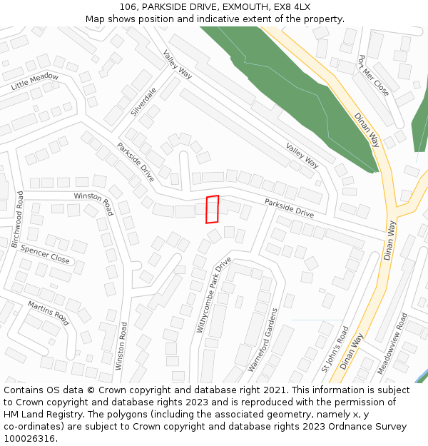 106, PARKSIDE DRIVE, EXMOUTH, EX8 4LX: Location map and indicative extent of plot
