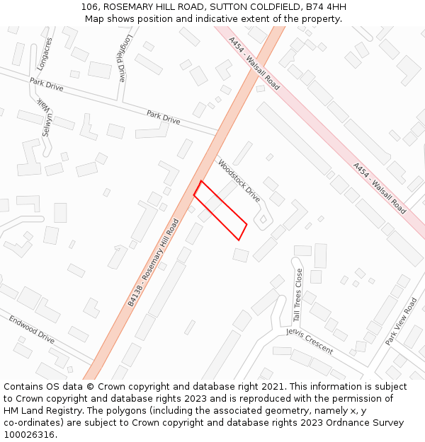 106, ROSEMARY HILL ROAD, SUTTON COLDFIELD, B74 4HH: Location map and indicative extent of plot