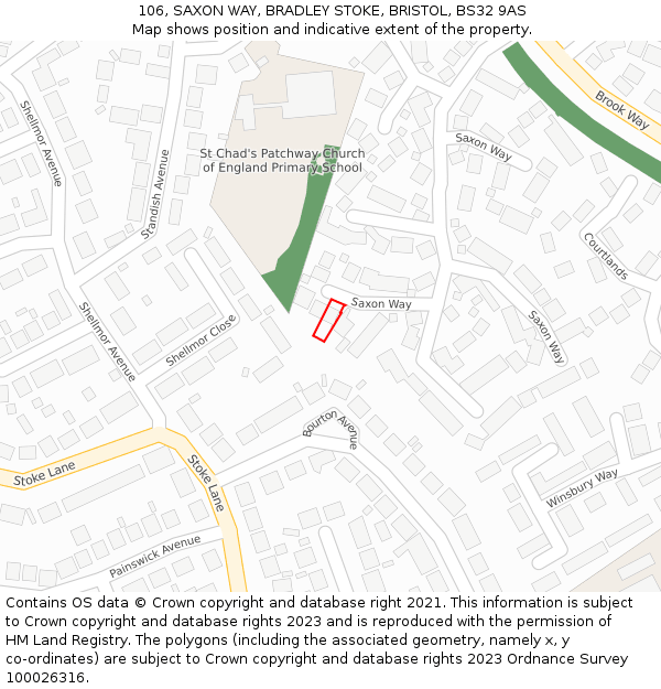 106, SAXON WAY, BRADLEY STOKE, BRISTOL, BS32 9AS: Location map and indicative extent of plot