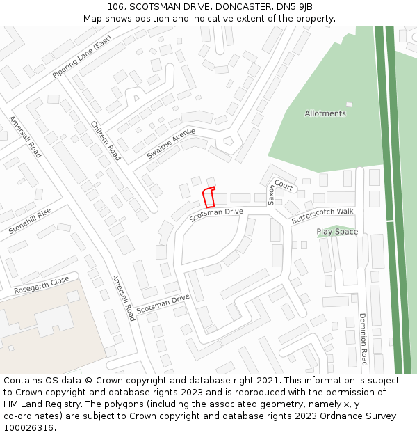 106, SCOTSMAN DRIVE, DONCASTER, DN5 9JB: Location map and indicative extent of plot