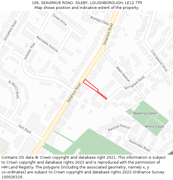 106, SEAGRAVE ROAD, SILEBY, LOUGHBOROUGH, LE12 7TR: Location map and indicative extent of plot