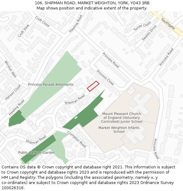 106, SHIPMAN ROAD, MARKET WEIGHTON, YORK, YO43 3RB: Location map and indicative extent of plot