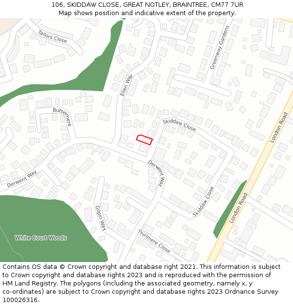 106, SKIDDAW CLOSE, GREAT NOTLEY, BRAINTREE, CM77 7UR: Location map and indicative extent of plot