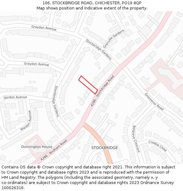 106, STOCKBRIDGE ROAD, CHICHESTER, PO19 8QP: Location map and indicative extent of plot