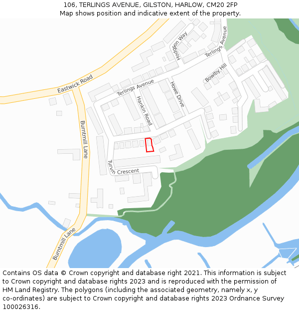 106, TERLINGS AVENUE, GILSTON, HARLOW, CM20 2FP: Location map and indicative extent of plot