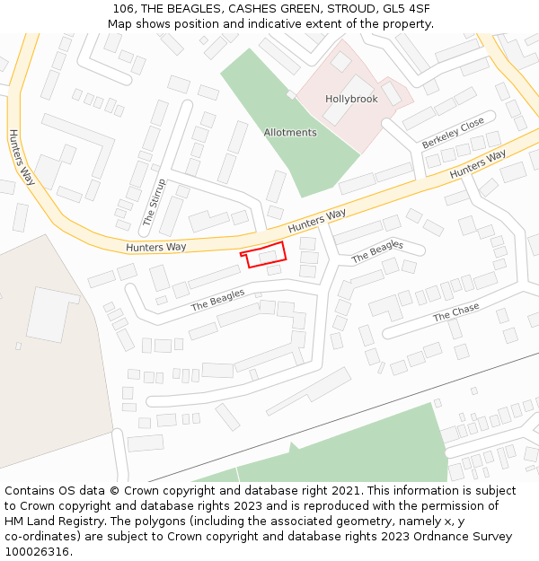 106, THE BEAGLES, CASHES GREEN, STROUD, GL5 4SF: Location map and indicative extent of plot