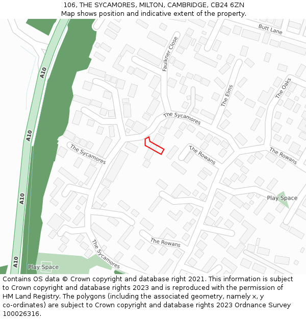 106, THE SYCAMORES, MILTON, CAMBRIDGE, CB24 6ZN: Location map and indicative extent of plot