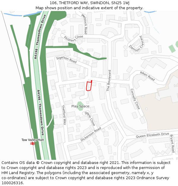 106, THETFORD WAY, SWINDON, SN25 1WJ: Location map and indicative extent of plot