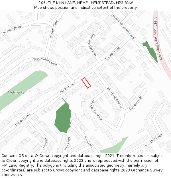 106, TILE KILN LANE, HEMEL HEMPSTEAD, HP3 8NW: Location map and indicative extent of plot