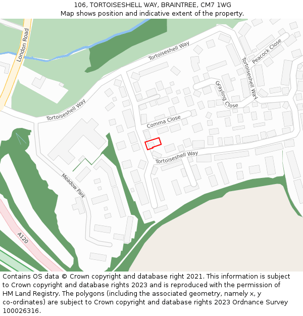 106, TORTOISESHELL WAY, BRAINTREE, CM7 1WG: Location map and indicative extent of plot