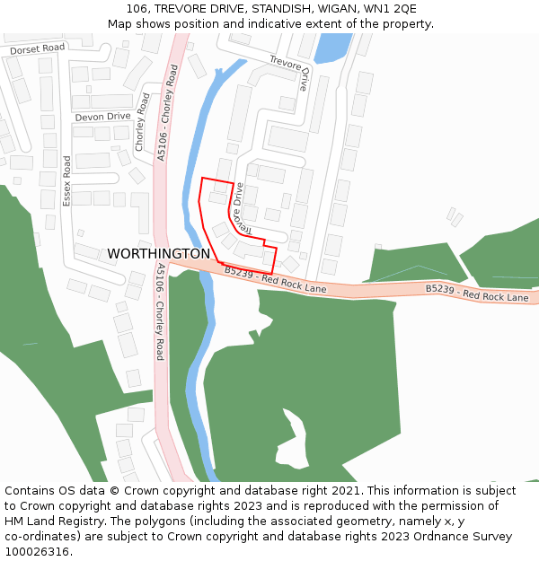 106, TREVORE DRIVE, STANDISH, WIGAN, WN1 2QE: Location map and indicative extent of plot