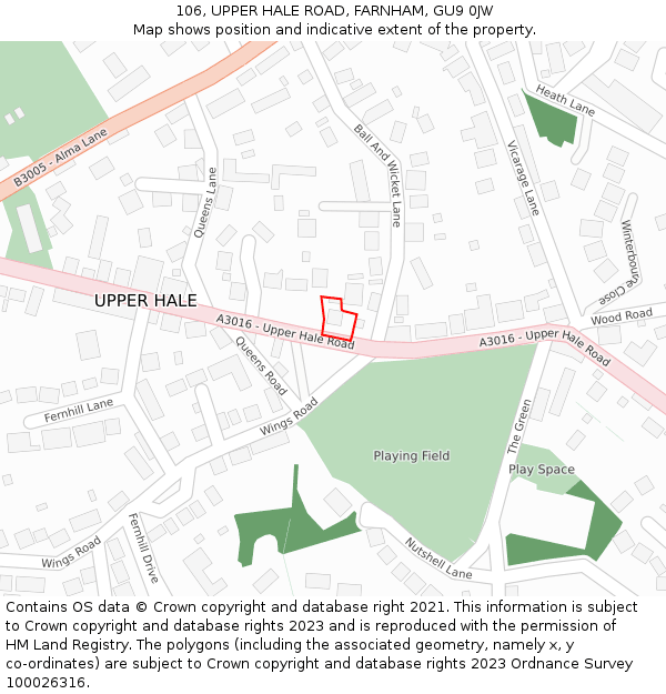 106, UPPER HALE ROAD, FARNHAM, GU9 0JW: Location map and indicative extent of plot