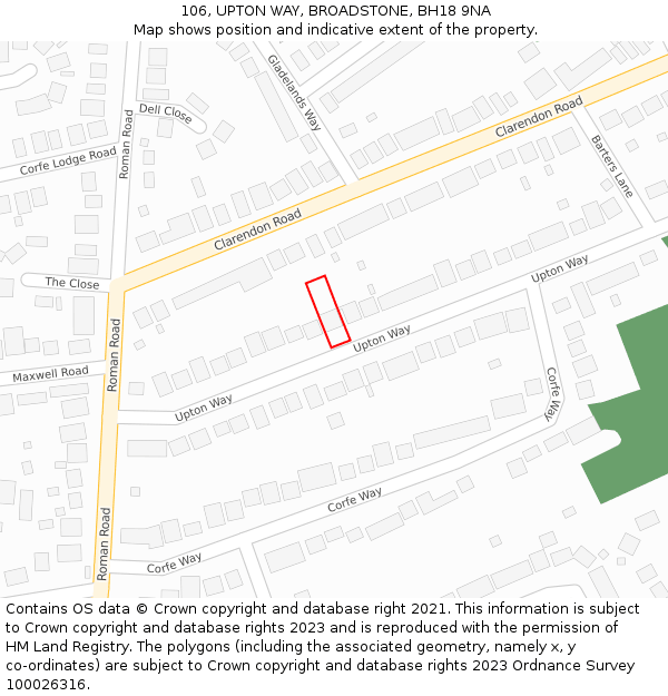 106, UPTON WAY, BROADSTONE, BH18 9NA: Location map and indicative extent of plot