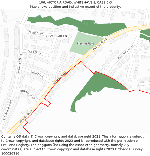 106, VICTORIA ROAD, WHITEHAVEN, CA28 6JG: Location map and indicative extent of plot