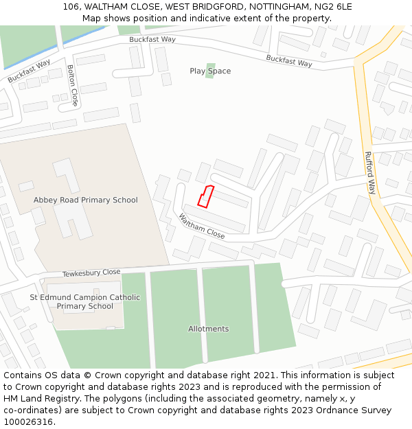 106, WALTHAM CLOSE, WEST BRIDGFORD, NOTTINGHAM, NG2 6LE: Location map and indicative extent of plot