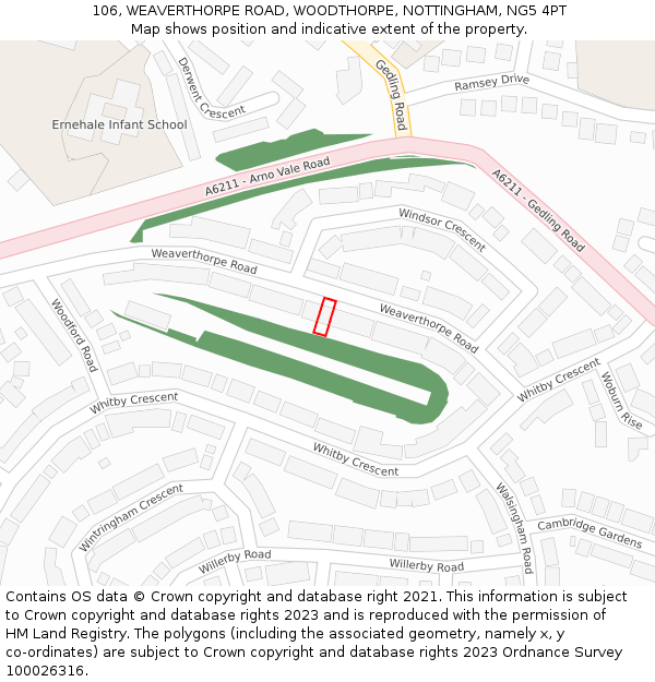 106, WEAVERTHORPE ROAD, WOODTHORPE, NOTTINGHAM, NG5 4PT: Location map and indicative extent of plot