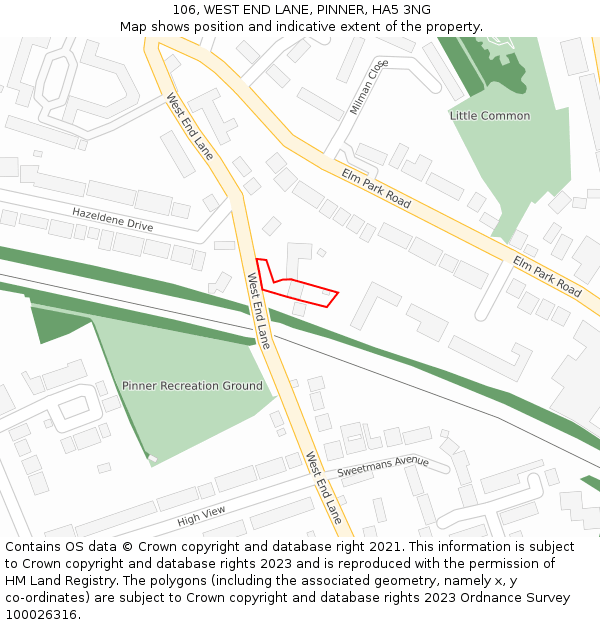 106, WEST END LANE, PINNER, HA5 3NG: Location map and indicative extent of plot