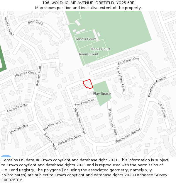 106, WOLDHOLME AVENUE, DRIFFIELD, YO25 6RB: Location map and indicative extent of plot