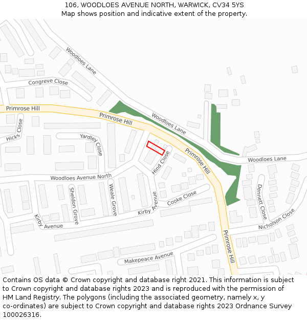 106, WOODLOES AVENUE NORTH, WARWICK, CV34 5YS: Location map and indicative extent of plot