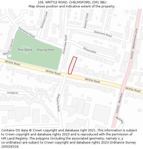 106, WRITTLE ROAD, CHELMSFORD, CM1 3BU: Location map and indicative extent of plot