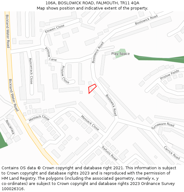 106A, BOSLOWICK ROAD, FALMOUTH, TR11 4QA: Location map and indicative extent of plot