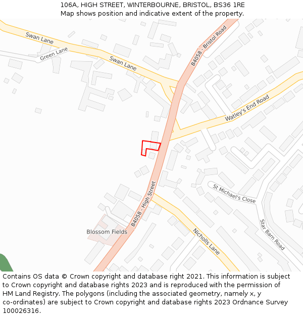 106A, HIGH STREET, WINTERBOURNE, BRISTOL, BS36 1RE: Location map and indicative extent of plot