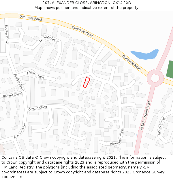 107, ALEXANDER CLOSE, ABINGDON, OX14 1XD: Location map and indicative extent of plot