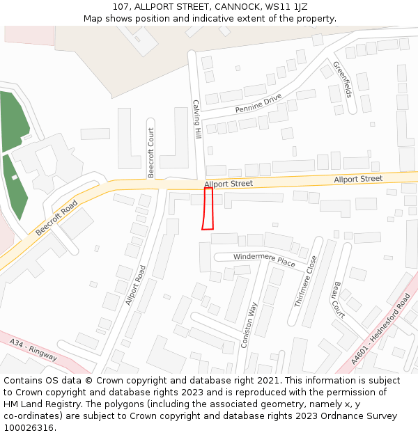 107, ALLPORT STREET, CANNOCK, WS11 1JZ: Location map and indicative extent of plot