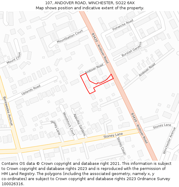 107, ANDOVER ROAD, WINCHESTER, SO22 6AX: Location map and indicative extent of plot