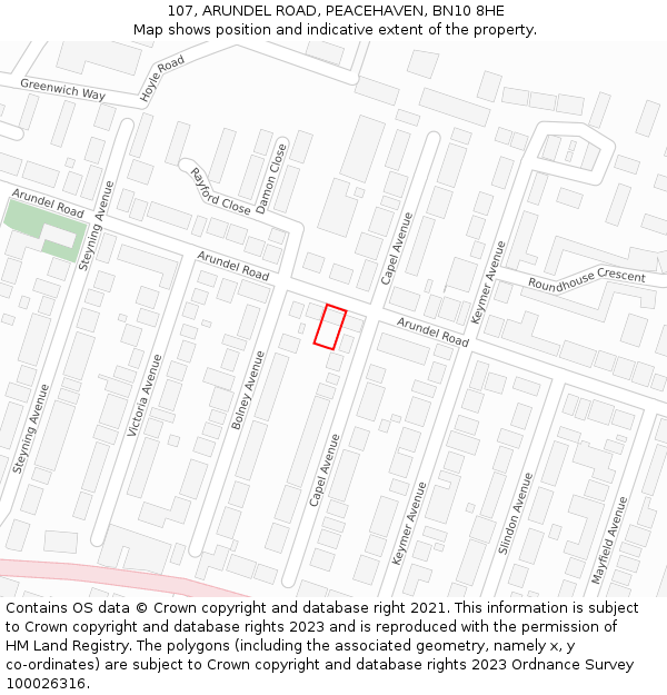 107, ARUNDEL ROAD, PEACEHAVEN, BN10 8HE: Location map and indicative extent of plot