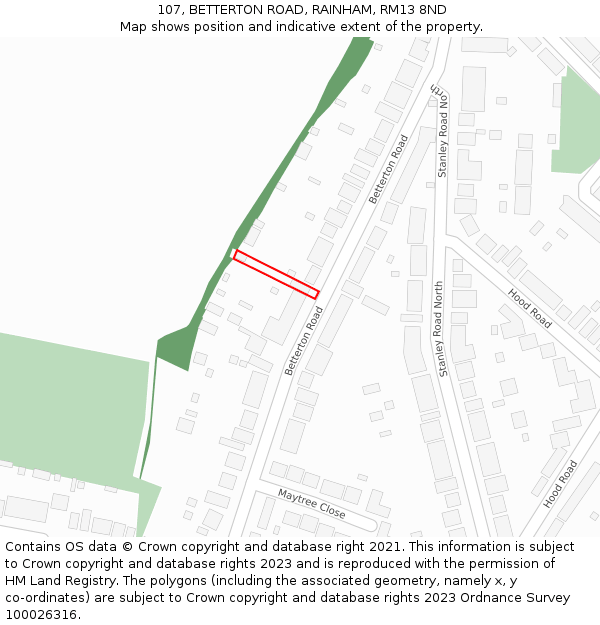 107, BETTERTON ROAD, RAINHAM, RM13 8ND: Location map and indicative extent of plot