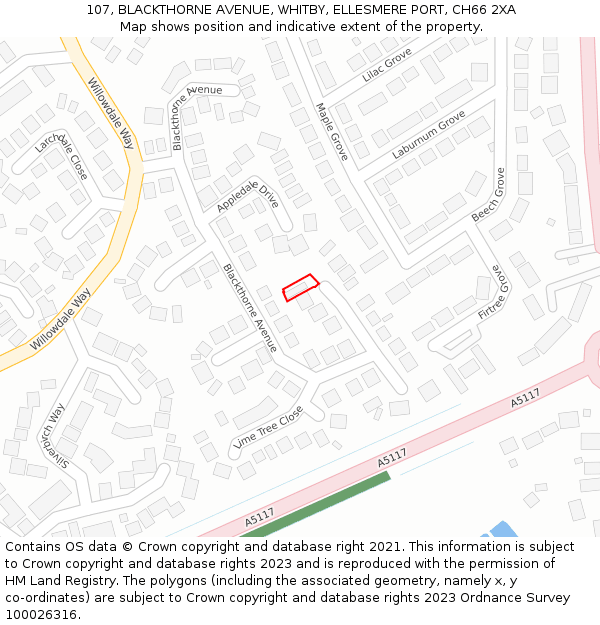 107, BLACKTHORNE AVENUE, WHITBY, ELLESMERE PORT, CH66 2XA: Location map and indicative extent of plot