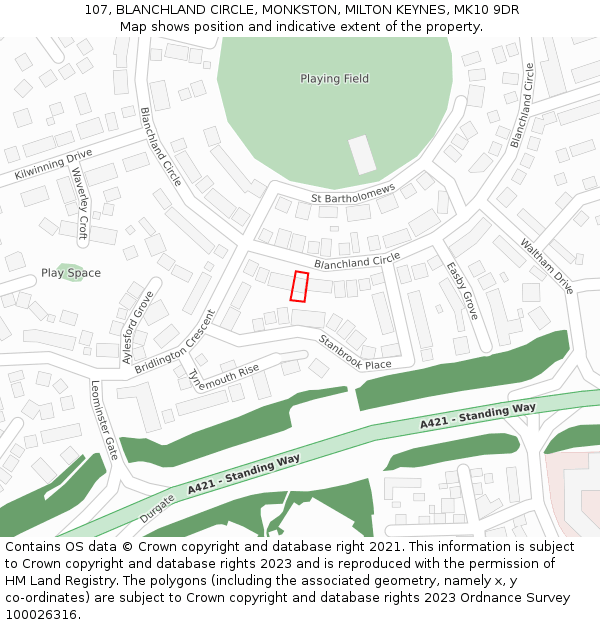 107, BLANCHLAND CIRCLE, MONKSTON, MILTON KEYNES, MK10 9DR: Location map and indicative extent of plot