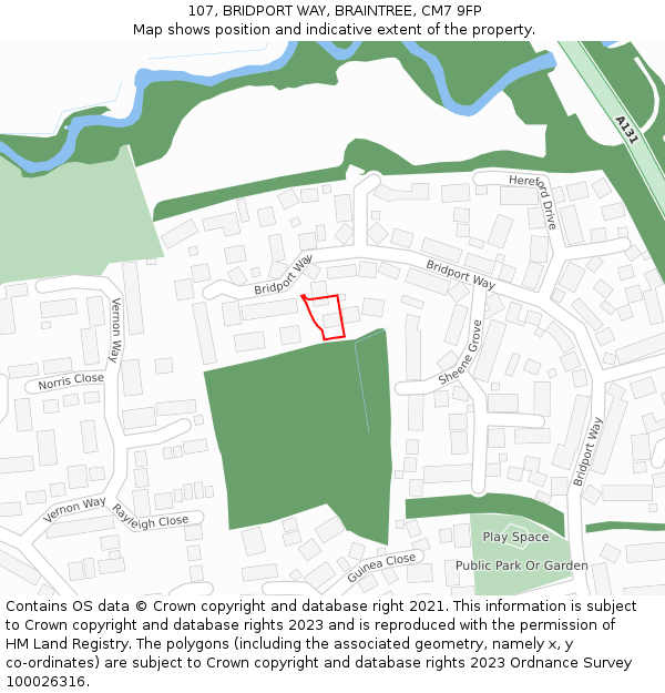 107, BRIDPORT WAY, BRAINTREE, CM7 9FP: Location map and indicative extent of plot