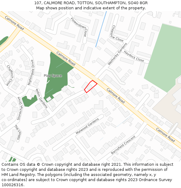 107, CALMORE ROAD, TOTTON, SOUTHAMPTON, SO40 8GR: Location map and indicative extent of plot